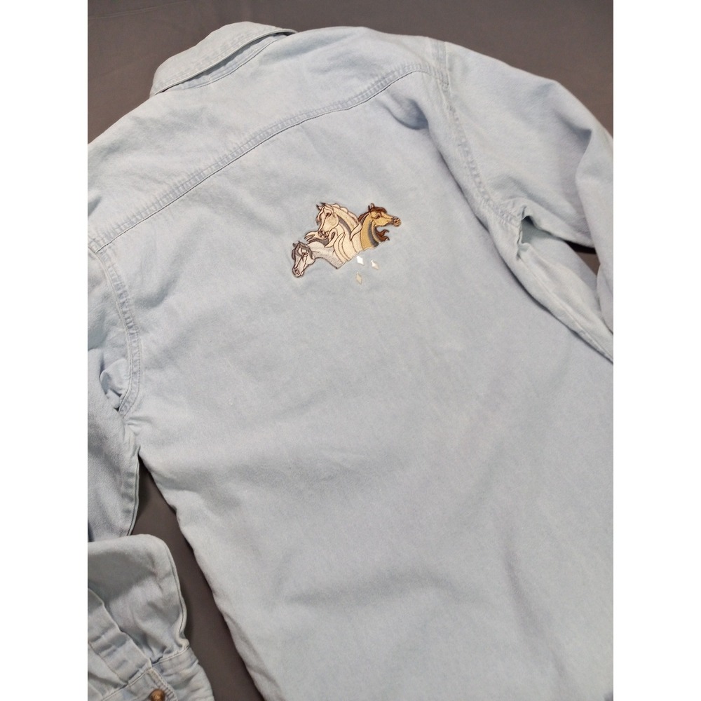 Vintage 90s Horse Embroidered Denim Button Up Shirt S Western Cowgirl Coastal - Picture 10 of 12